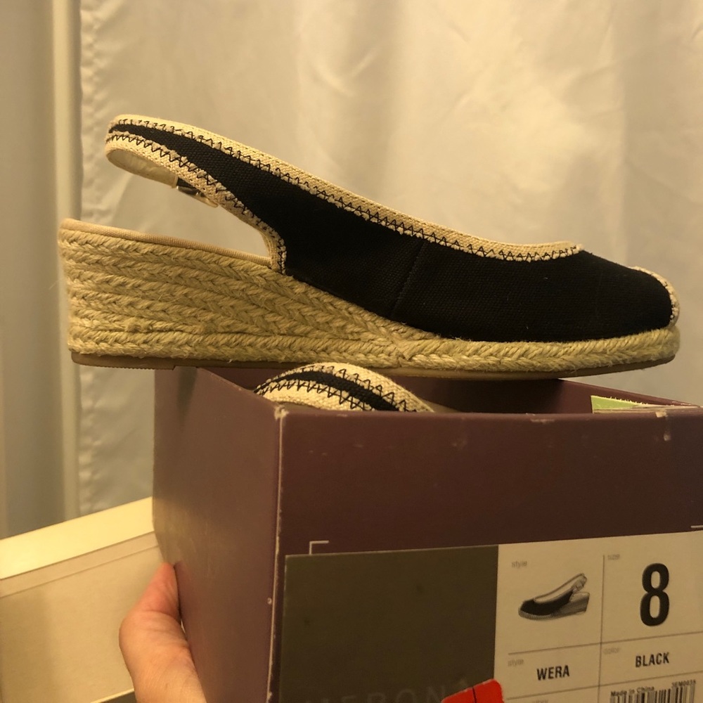 Black peep toe canvas wedges